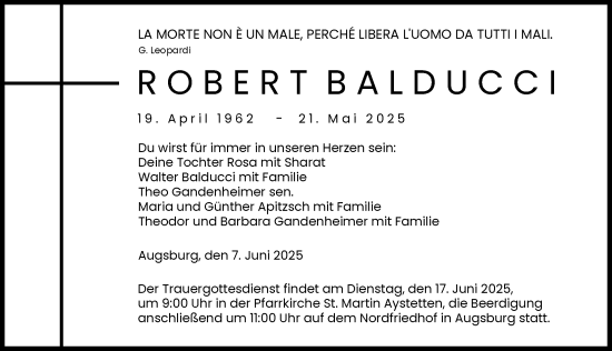 Traueranzeige von Robert Balducci von Augsburger Allgemeine