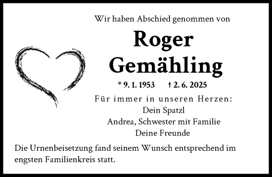 Traueranzeige von Roger Gemähling von Augsburger Allgemeine