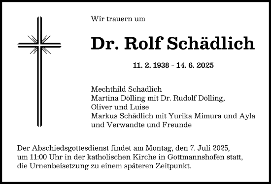 Traueranzeige von Rolf Schädlich von Wertinger Zeitung