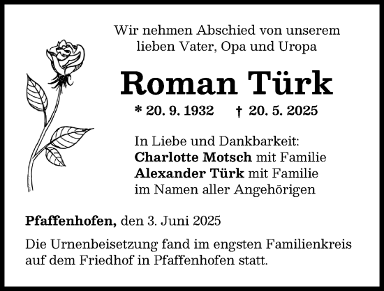 Traueranzeige von Roman Türk von Neu-Ulmer Zeitung