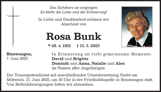 Traueranzeige von Rosa Bunk von Wertinger Zeitung