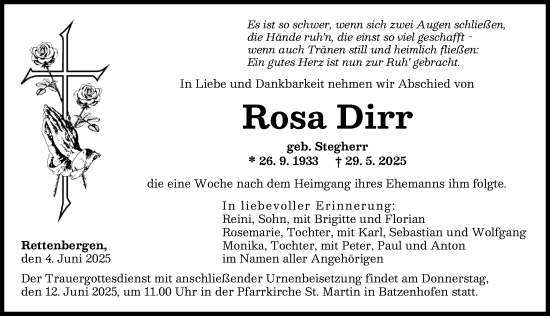 Traueranzeige von Rosa Dirr von Augsburger Allgemeine