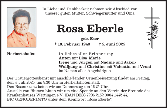 Traueranzeige von Rosa Eberle von Augsburg-Land, Wertinger Zeitung