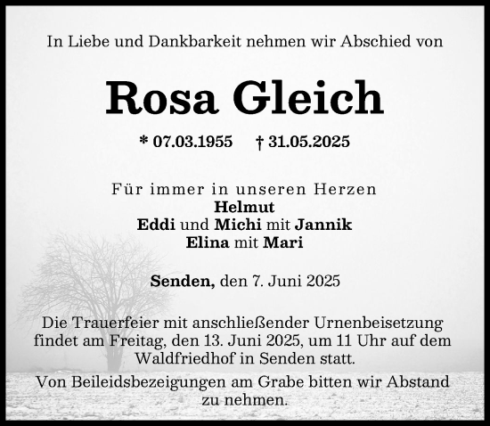Traueranzeige von Rosa Gleich von Neu-Ulmer Zeitung