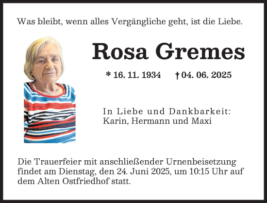 Traueranzeige von Rosa Gremes von Augsburger Allgemeine