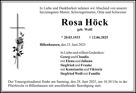 Traueranzeige von Rosa Höck von Mittelschwäbische Nachrichten
