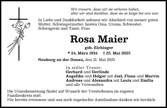 Traueranzeige von Rosa Maier von Neuburger Rundschau
