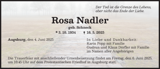 Traueranzeige von Rosa Nadler von Augsburger Allgemeine