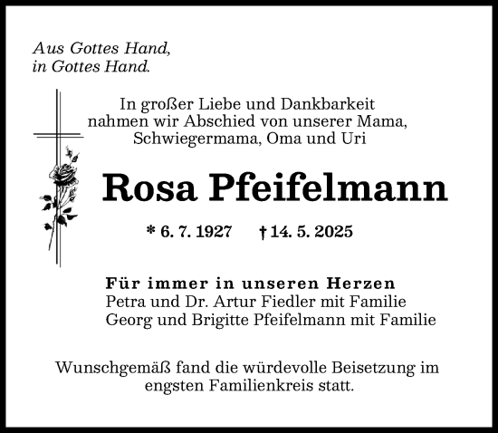 Traueranzeige von Rosa Pfeifelmann von Augsburger Allgemeine