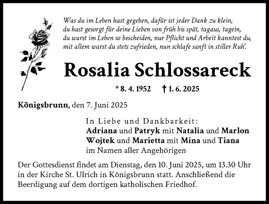 Traueranzeige von Rosalia Schlossareck von Schwabmünchner Allgemeine