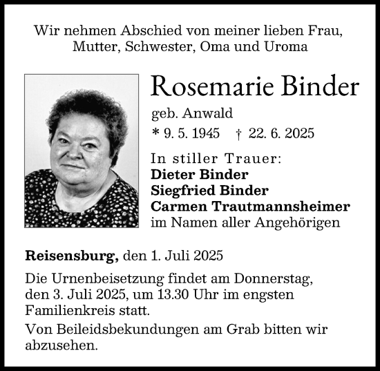 Traueranzeige von Rosemarie Binder von Günzburger Zeitung