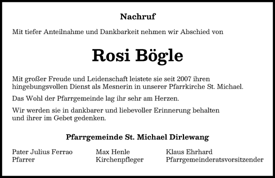 Traueranzeige von Rosi Bögle von Mindelheimer Zeitung