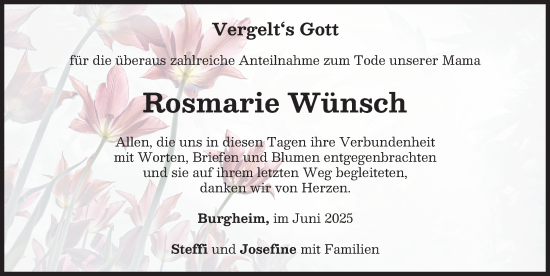 Traueranzeige von Rosmarie Wünsch von Neuburger Rundschau, Donauwörther Zeitung