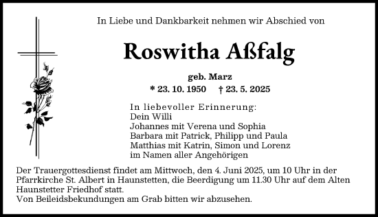 Traueranzeige von Roswitha Aßfalg von Augsburger Allgemeine