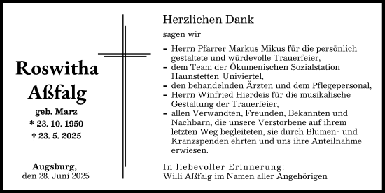 Traueranzeige von Roswitha Aßfalg von Augsburger Allgemeine