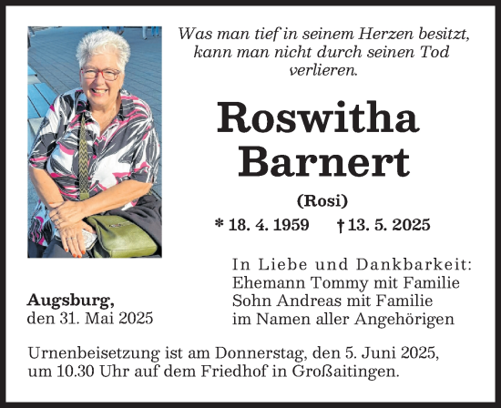 Traueranzeige von Roswitha Barnert von Augsburger Allgemeine