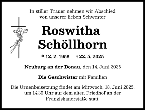 Traueranzeige von Roswitha Schöllhorn von Neuburger Rundschau