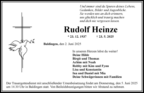 Traueranzeige von Rudolf Heinze von Rieser Nachrichten