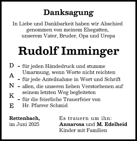 Traueranzeige von Rudolf Imminger von Günzburger Zeitung
