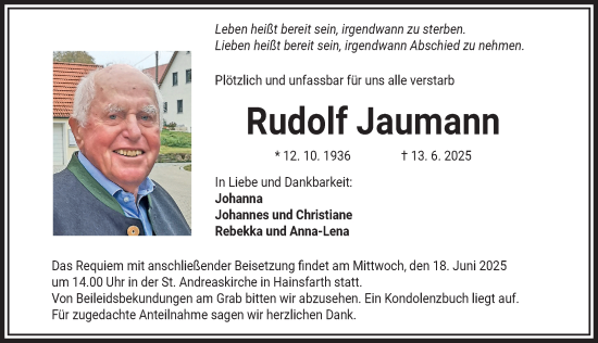 Traueranzeige von Rudolf Jaumann von Rieser Nachrichten