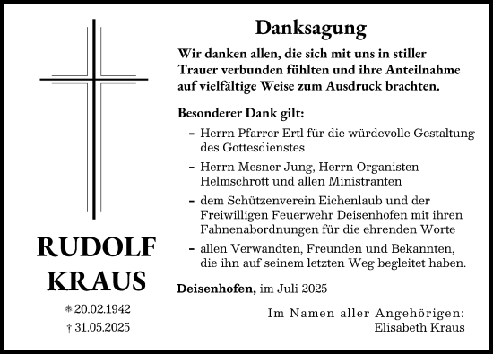 Traueranzeige von Rudolf Kraus von Donau Zeitung, Wertinger Zeitung