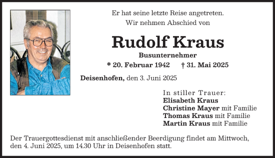 Traueranzeige von Rudolf Kraus von Donau Zeitung