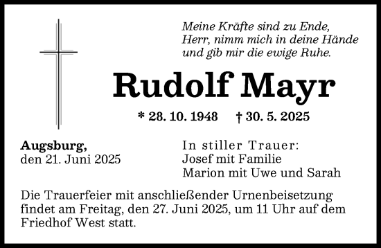 Traueranzeige von Rudolf Mayr von Augsburger Allgemeine