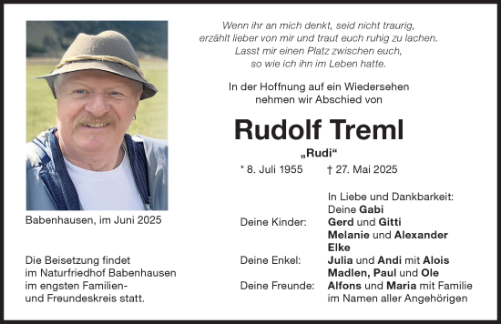 Traueranzeige von Rudolf Trem von Illertisser Zeitung