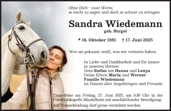 Traueranzeige von Sandra Wiedemann von Mindelheimer Zeitung
