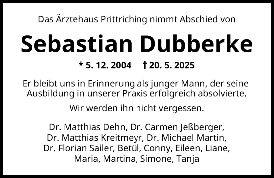 Traueranzeige von Sebastian Dubberke von Landsberger Tagblatt