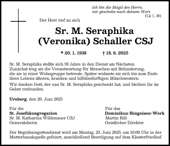 Traueranzeige von Seraphika Schaller von Mittelschwäbische Nachrichten