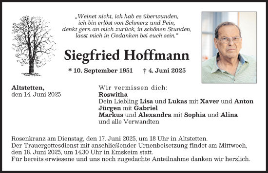 Traueranzeige von Siegfried Hoffmann von Neuburger Rundschau