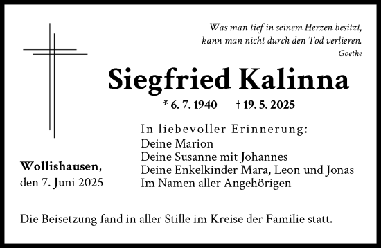 Traueranzeige von Siegfried Kalinna von Augsburger Allgemeine