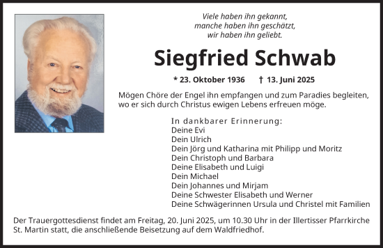 Traueranzeige von Siegfried Schwab von Illertisser Zeitung