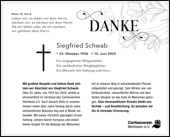 Traueranzeige von Siegfried Schwab von Illertisser Zeitung