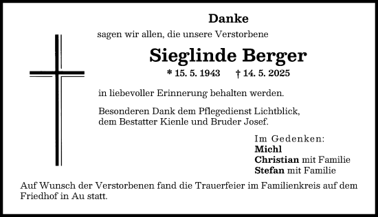 Traueranzeige von Sieglinde Berger von Illertisser Zeitung