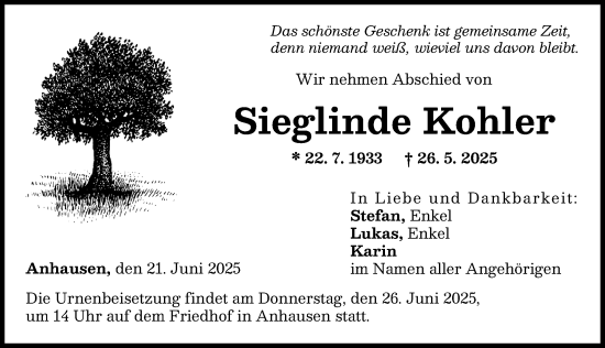 Traueranzeige von Sieglinde Kohler von Augsburg-Land