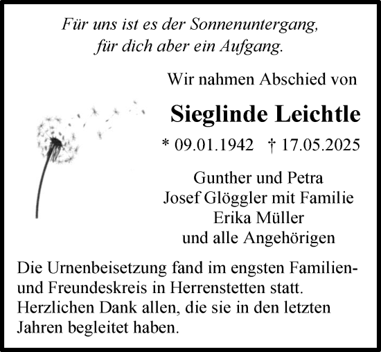 Traueranzeige von Sieglinde Leichtle von Illertisser Zeitung