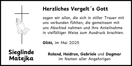 Traueranzeige von Sieglinde Matejka von Donau Zeitung