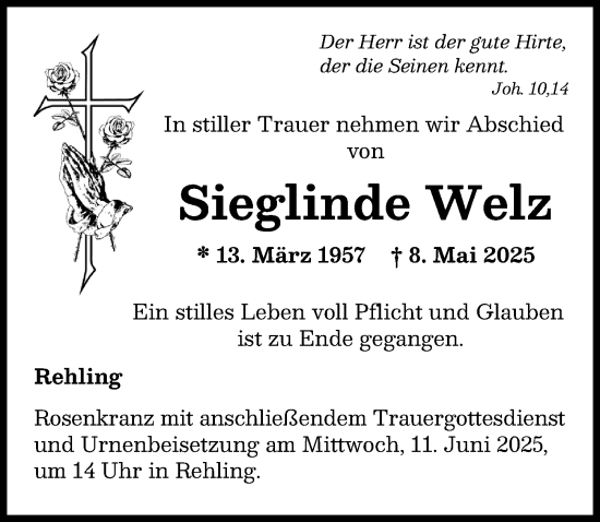 Traueranzeige von Sieglinde Welz von Augsburger Allgemeine