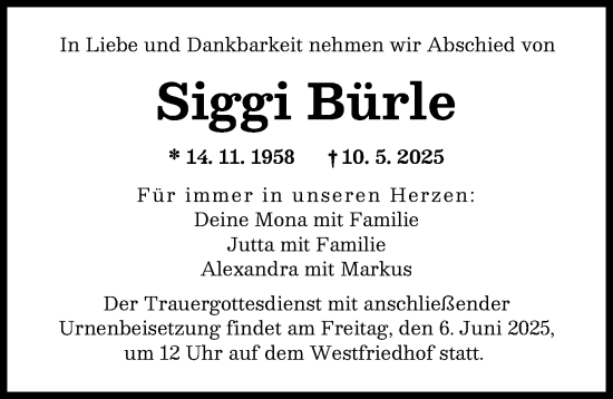 Traueranzeige von Siggi Bürle von Augsburger Allgemeine