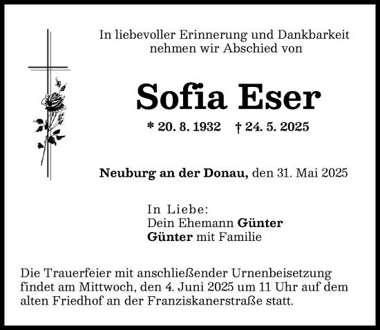 Traueranzeige von Sofia Eser von Neuburger Rundschau