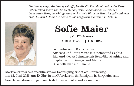 Traueranzeige von Sofie Maier von Augsburger Allgemeine