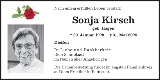 Traueranzeige von Sonja Kirsch von Donauwörther Zeitung
