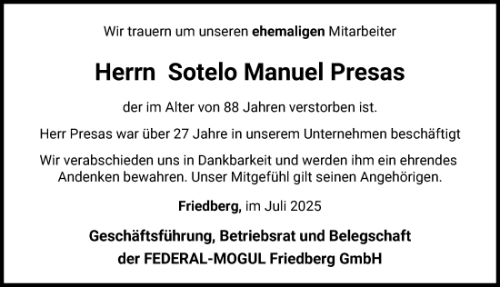 Traueranzeige von Sotelo Manuel Presas von Friedberger Allgemeine