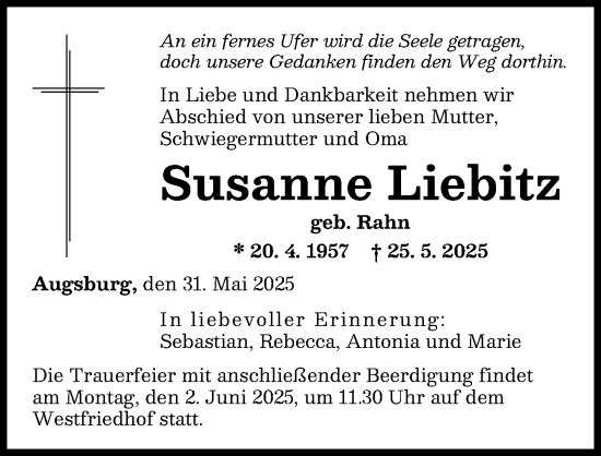 Traueranzeige von Susanne Liebitz von Augsburger Allgemeine