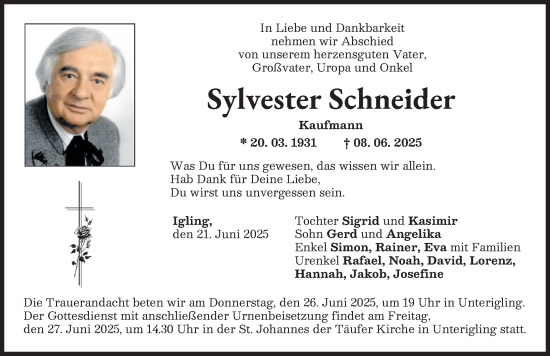 Traueranzeige von Sylvester Schneider von Landsberger Tagblatt