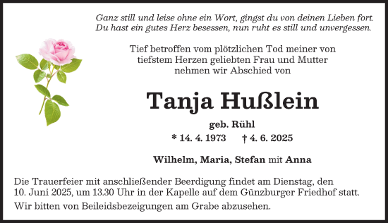Traueranzeige von Tanja Hußlein von Günzburger Zeitung