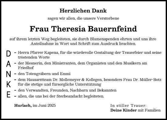 Traueranzeige von Theresia Bauernfeind von Landsberger Tagblatt