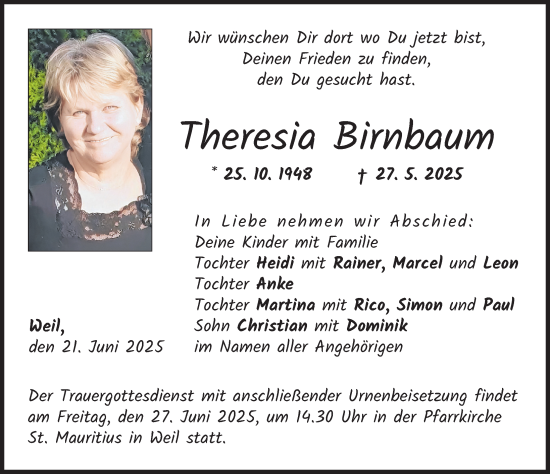 Traueranzeige von Theresia Birnbaum von Landsberger Tagblatt